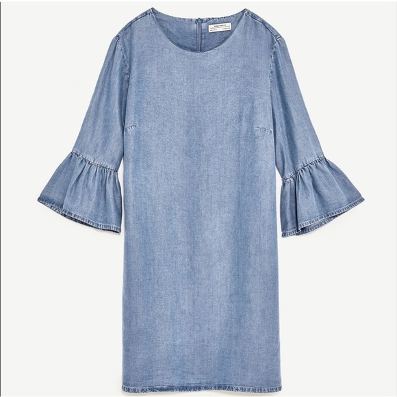 Zara Chambray Ruffle 3/4 Sleeve Light Denim Mini Dress Size M - Picture 2 of 12